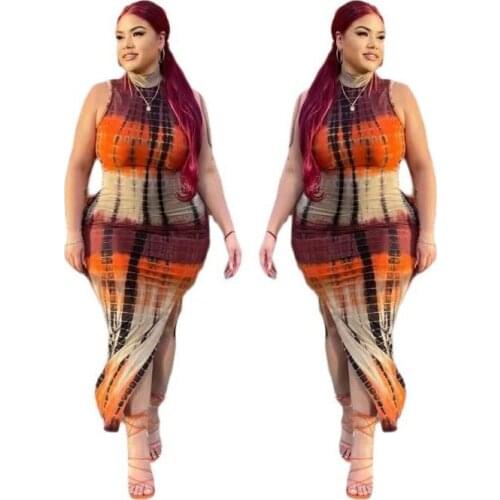 XL-5XL Plus Size Dress Summer 2021 Women Clothing Casual Fasihon Sexy Tight Tie Dye Slit Long Dress Wholesale Dropshipping