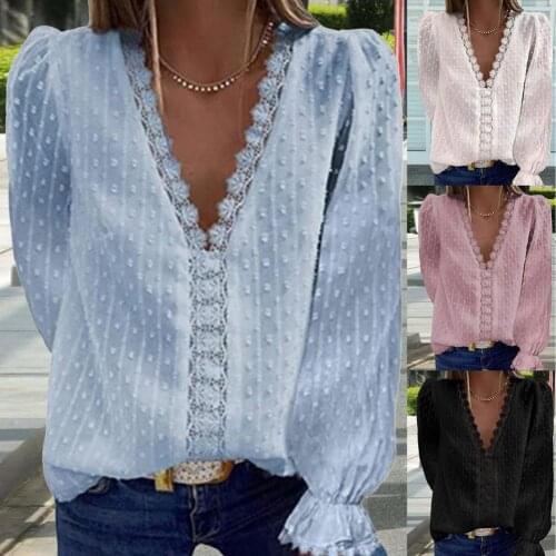 Office Lady Shirt Lace Patchwork V Neck Women Solid Color Long Sleeve Chiffon Blouse Streetwear