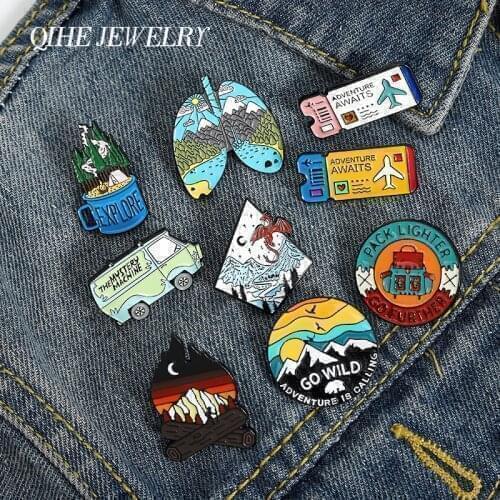 QIHE JEWELRY Adventure travel theme pins Bus Air tickets Magic dragon Camping brooches badges Trendy pin gifts for travel lovers