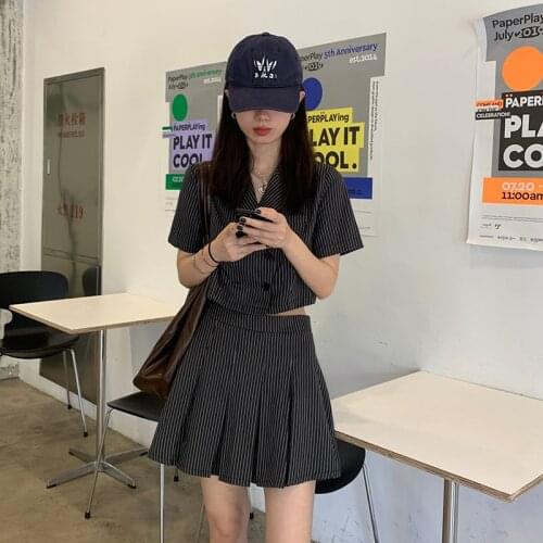 SML two pcs set summer 2021 Korean style Short sleeve Stripe Blouse+Mini Pleated Skirts 2pcs set women clothing set (F4392