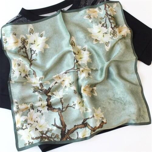 POBING 100% Pure Silk Scarf For Ladies Floral Tree Print Square Scarves Small Head Handkerchief Wholesale Hijab Wraps 53x53CM