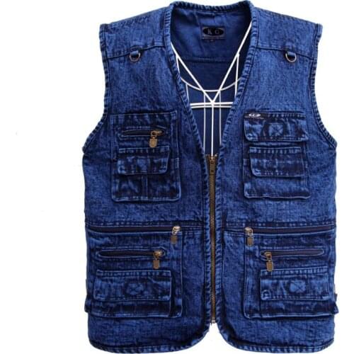 New Size V-Neck Classic Multi Denim Work Vest Mens Solid Casual Waistcoat with Many Pockets Fishing Vest Sleeveless Jacket