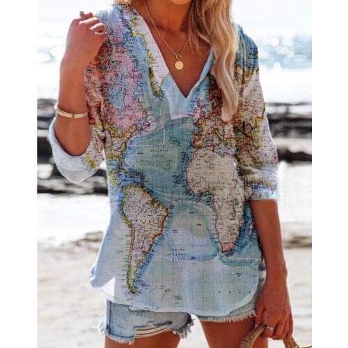 202 New Spring Autumn Retro Printing Pullover Sweater Women Basic Print V-neck Tshirt Long Sleeve Elegant Lady Casual Top