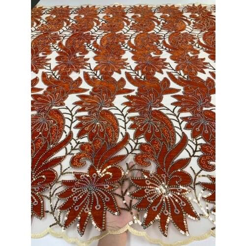 5yards/pc) Fantastic orange laser cut African velvet net lace soft French tulle lace fabric with sequins for party dress FXZ087