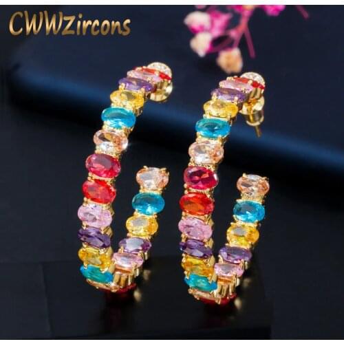 CWWZircons High Quality Colorful Oval Cubic Zirconia Stone Half Round Hoop Earrings for Women Fashion Jewelry Accessories CZ642