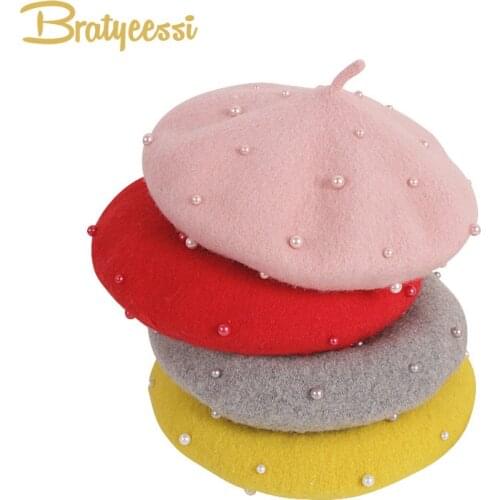 Winter Kids Beret Hats for Children Beanies Princess Pearls Infant Baby Hat Toddler Girls Beanie Baby Girl Cap 2-5Y 12 Colors