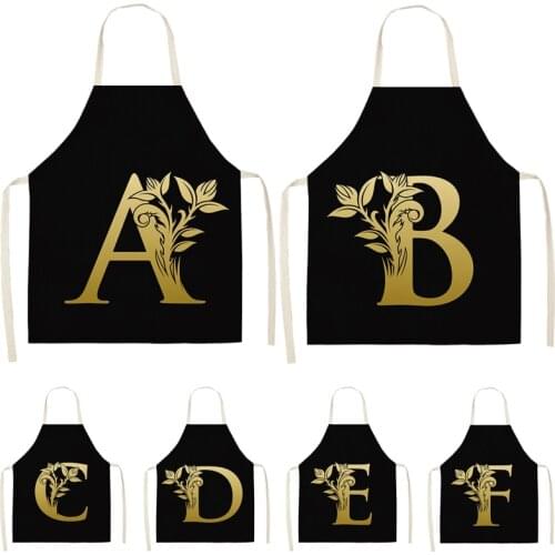 Gold Letter Alphabet Pattern Kitchen Apron For Woman Sleeveless Cotton Linen Aprons Cooking Home Cleaning Tools chef apron