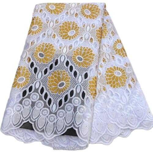 Hot sale 5 Yards gold and white High quality African Swiss Voile Lace for wedding Organza handcut Fabric- N88100