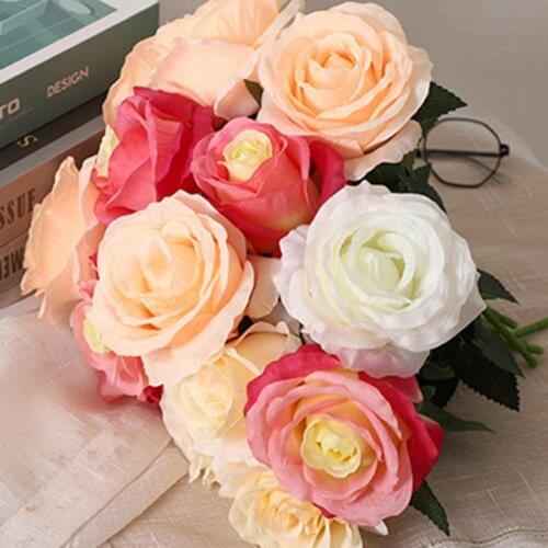 Artificial Flower Realistic Looking Bent Freely Faux Silk Flower Simulation Rose Bouquet Flower Decor for Home