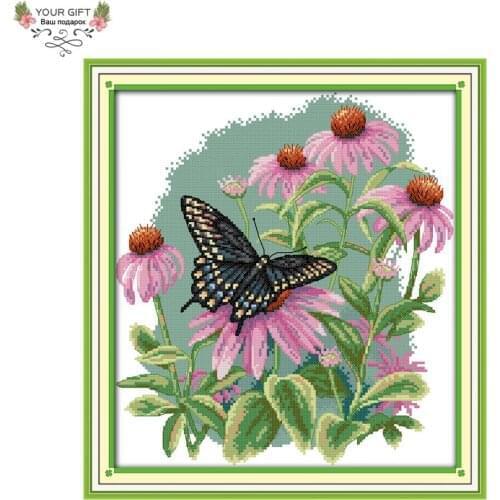 Joy Sunday Butterfly Over Flowers Home Decoration H524(7) 14CT 11CT Counted Stamped Animal And Flower Cross Stitch kits