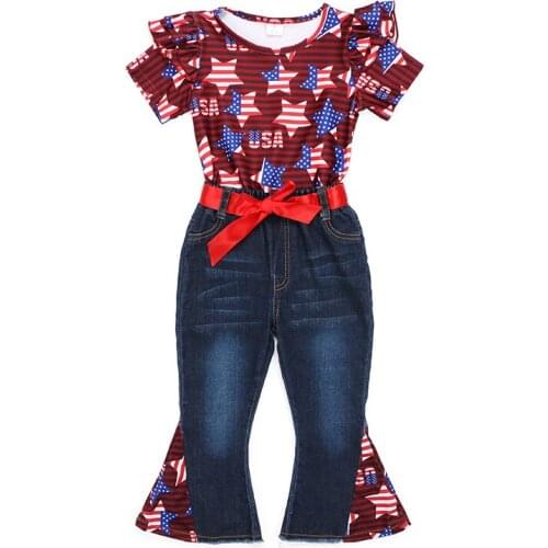 Kaiya Angle Toddler Clothing Set Striped star Prints Alphabet T-Shirt Cowboy Pants With Red String Girls Summer Boutique Outfits