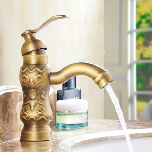 Free Shipping Copper carved style sink basin faucet antique, European retro bathroom brass basin faucet hot and cold Wholesale