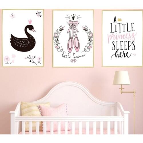 Little Princess Sleeps Here Art Self Adhesive Wall Stickers Black Swan Art Print Decorative Picture for Kids Room Home Decor
