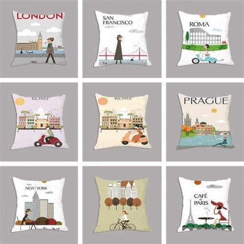 The Morning of City London New York Vintage Cartoon Cushion Plush Decorative Seat Cushion for Sofa Throw Pillow 45x45cm