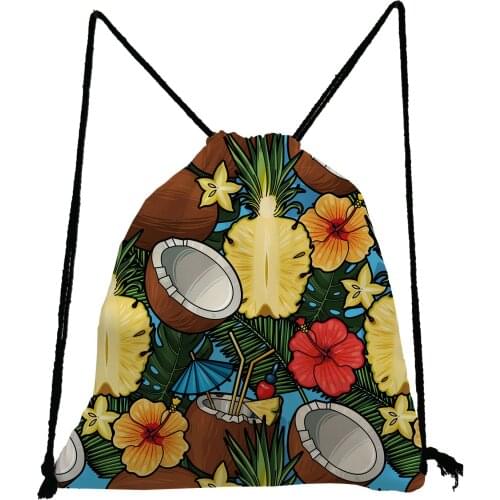 Coconut Pineapple Printed Drawstring Bags Casual Fruit Backpack Unisex Preppy Style Shoe Bag for School Portable Softback Bag