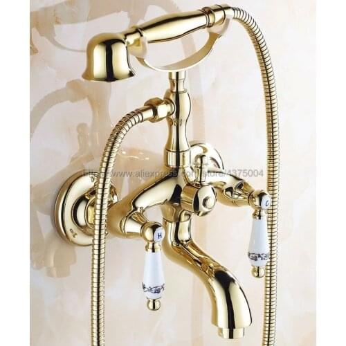 Luxury Gold Color Brass Tub Faucet Wall Mounted Mixer Tap Ceramic Handles With Hand Shower Ntf080