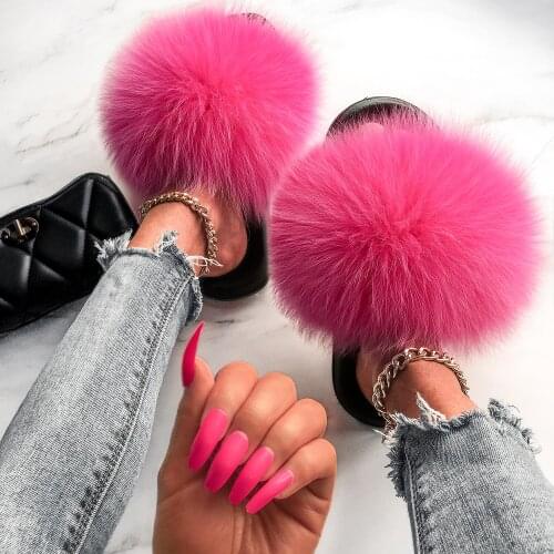 Hot Young Fashional Fur Slippers Fox Fur Slide Fluffy Real Raccoon Fur Woman Sandals Flat Slippers Ladies Furry Flip Flops Shoes