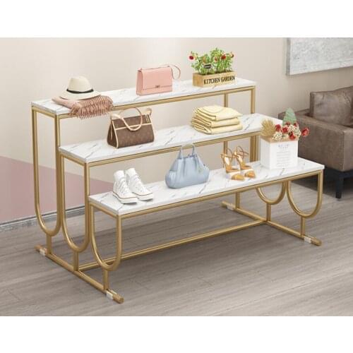 Shopping mall high, middle and low three shelves shoes shop bag marble running water clothing shop light luxury iron display