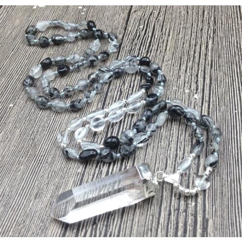 YA3025 Rough Quartz Pendant Black Rutilated Quartz Nuggets Beads Knot Necklace