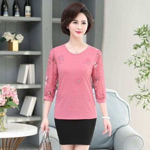 Half sleeve tshirts middle age mother shirts 2020 spring summer new o-neck chiffon sleeve women tops bottoming shir