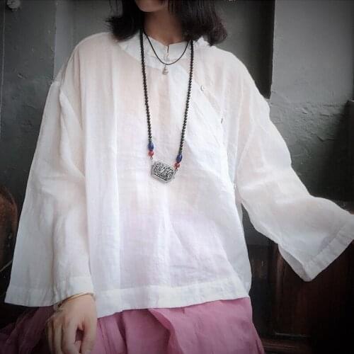 Johnature Vintage Linen White Women Shirts 2021 Autumn Stand Collar New Casual Nine Quarter Sleeve Loose Retro Vintage Blouses