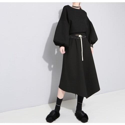 Women skirts 2020 autumn Cotton Solid Empire Elegant Fashion Asymmetrical dark style black skirt