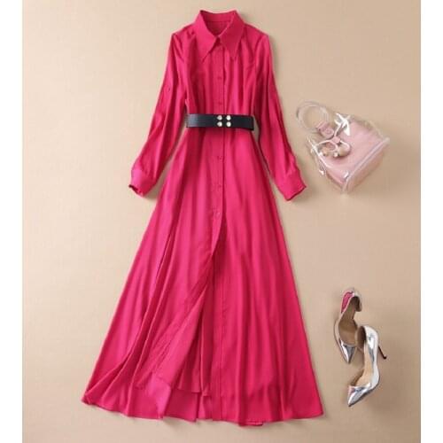 2021 Autumn Fashion Long Dress High Quality Women Long Shirt Style Turn-down Collar Belt Deco Long Sleeve Casual Long Maxi Dress