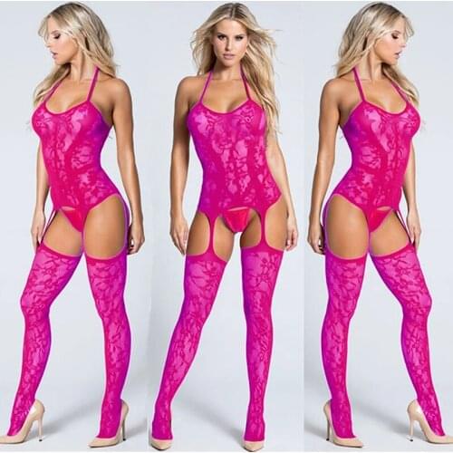 Womens Underwear Open Sexy Lingerie Plus Size Bras Lace Erotic Bodysuit Transparent Pajamas Brief Sets Pink One-piece Bra Set