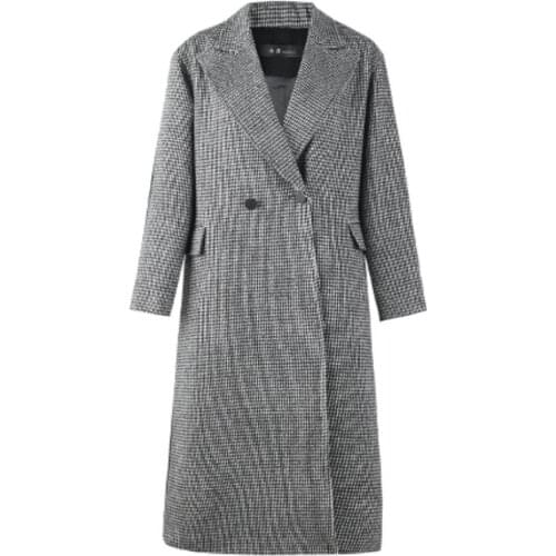 Women Wool blend Coat Vintage Houndstooth Woolen Patchwork Long Thick Warm Overcoat