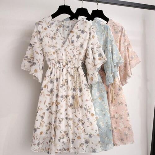 Beach Summer Dress 2020 V-neck Sexy Dresses Floral Chiffon Butterfly Sleeve Summer Clothes for Women