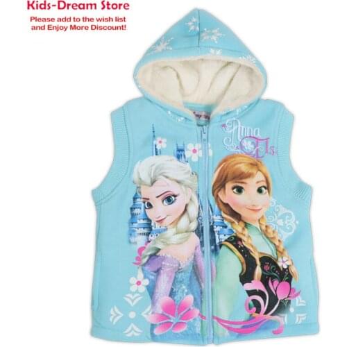 Winter Jacket For Girls Sleeveless Printing Wool Coats Hooded Cartoon Anna Elsa Baby Girls Clothes Kids Windbreaker Girls Jacket