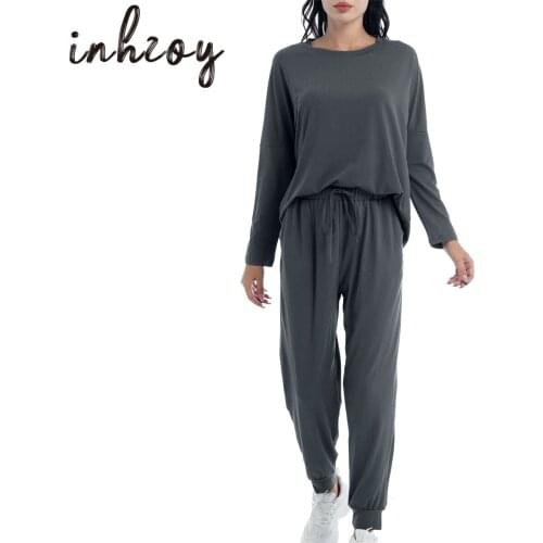 2Pcs Loungewear Women Pajama Set Jogger Suit Long Sleeve Round Neck Pants Sleepwear HomeWear
