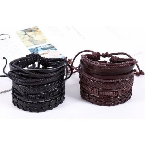 4pcs/set retro hippie punk wrap macrame wax cord knots dark brown black leather Layers stackable wrap Bracelet Bangles for man