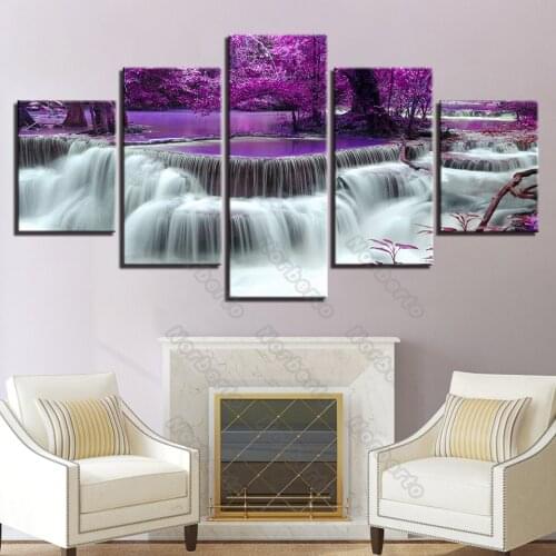 5 Pieces Stunning Scenery Picture Canvas Painting Wall Poster Purple Trees and Spectacular Waterfall for Home Rooms Decoration