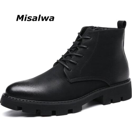 Misalwa Spring Winter Platform Men Boots Formal Leather Zipper Mid Heel Black Classic Men Boots British Motorcycle Boots Warm