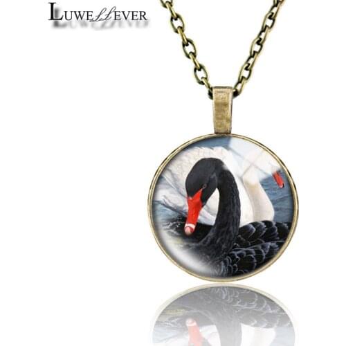 Black Swan Necklace 668 25mm Bronze 30mm Wood Rhinestone Double-sided Moon Round Glass Pendant For Women Gift