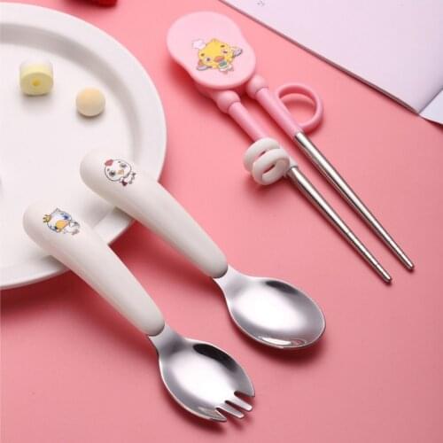 Baby Feeding Spoon Kids Cartoon Duck Head Soft Fat Handle Dining Training Spoon Chopsticks Fork Infant Stainless Steel Tableware