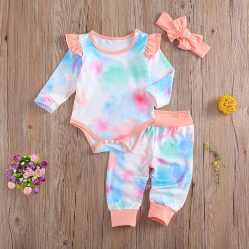 PIZZESOON Fashion Baby Girls Clothes 3pcs Baby Girl Long-sleeve Cotton Retro Tie Dye One Piece Jumpsuit 0-36 Months Babys Sets