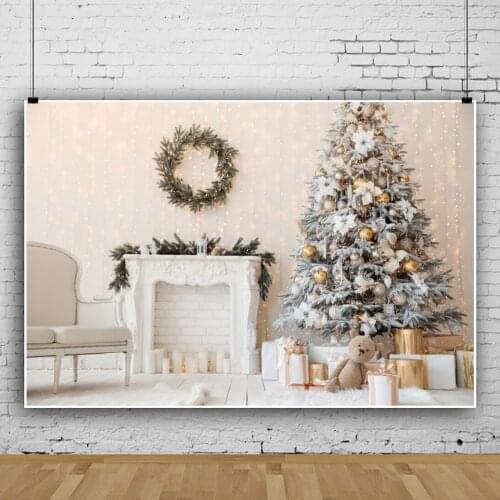 Gray Backgrounds For Photography Winter Christmas Tree Fireplace Candle Baby Toys Gift Candle Sofa Floor Interior Photo Backdrop