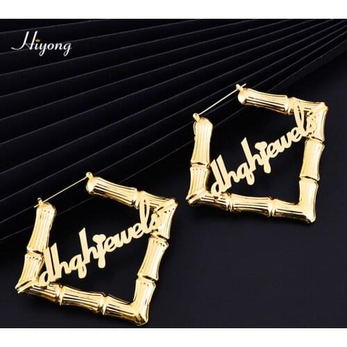 HIYONG 70mm 100mm Square Shape Custom Name Earrings Bamboo Hoop Earrings Stainless Steel Hiphop Bamboo Earring For Women Jewelry