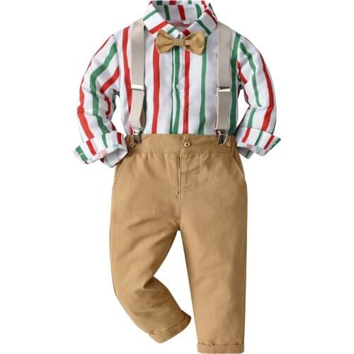 Baby Boys Party Clothes Sets Autumn Winter Kids Christmas Striped Shirt Suits Striped Shirts Suspender Pants 2pcs Suit for Boys