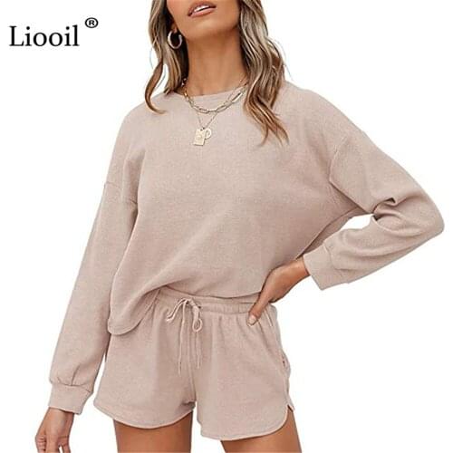 Liooil Two Piece Shorts Sets Women O Neck Long Sleeve Top T Shirt and Drawstring Baggy Shorts Casual Short Suits Autumn Outfits