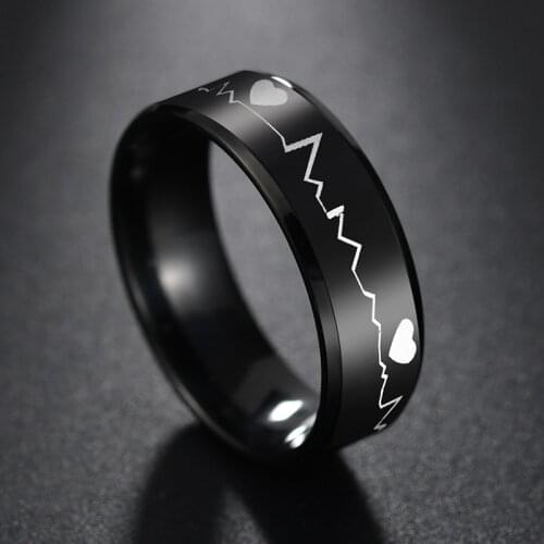Fashion Stainless Steel Promise Heartbeat Ring For Couple Personalized Engrave Name Black Ring Lover Gift