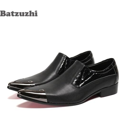 Batzuzhi British Type Mens Shoes Luxury Pointed Metal Toe Black Genuine Leather Dress Shoes Slip on Formal Business Shoes Men