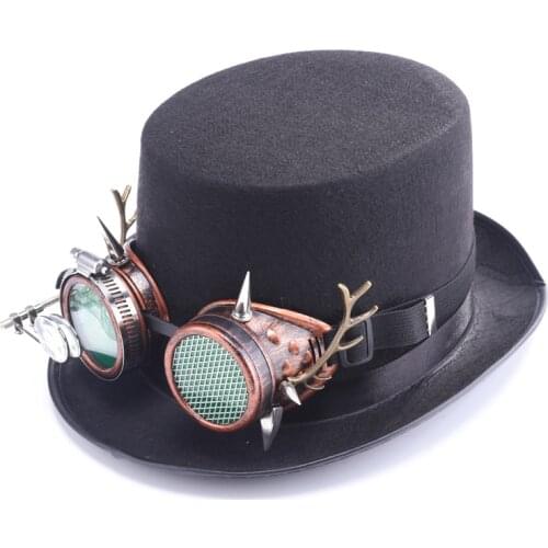 Men Hats With Detachable Steampunk Googles Street Fashion Top Hat Halloween Vintage Gothic Black Polyester Hat Cosplay Party