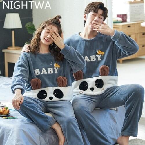 NIGHTWA Winter Couples Pajamas Set Cute Animal Flannel For Women pijamas Men Plush Sleepwear Pyjamas Suit Home Clothing sleep