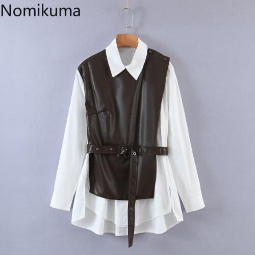 Nomikuma PU Leather Patchwork Women Blouse Turn-down Collar Fake 2 Pieces Shirt 2020 Autumn Sashes Slim Waist Top Blusas 6D048