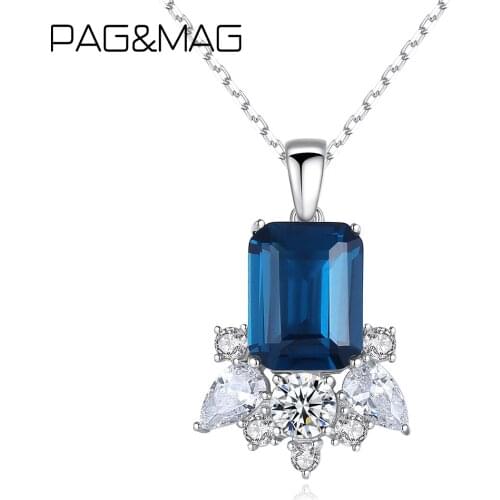 PAG&MAG Blue Cubic Zircon Elegant Square Pendant & Necklace 925 Sterling Silver Necklace Choker Fashion Jewelry 2020 Christmas