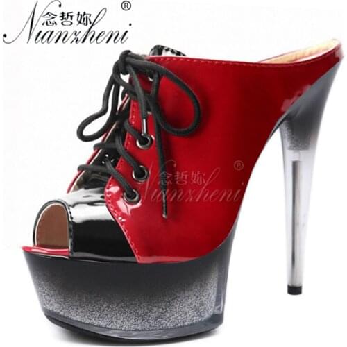Mature Sexy Mixed colors Thick platform Women Slippers 15CM Super High heeled shoes Nightclub Pole dancing 6 inches Fetish Trend