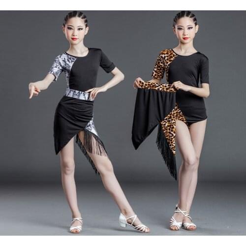 2021 Latin Dance Dresses Chacha Samba New Kids Girls Leopard rumba Big Ballroom Skirt For Girls Tango Salsa Costume